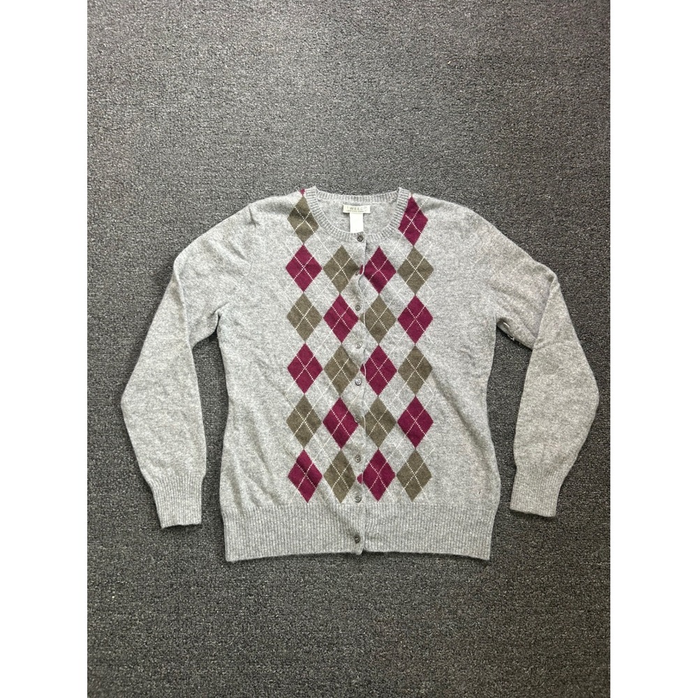 Tweeds 2-Ply Cashmere Cardigan Gray Argyle Plaid Womens Large Button Front Soft